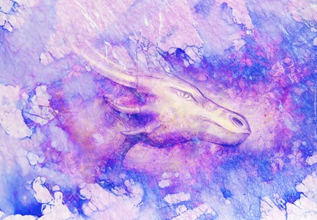 drawing of dragon head on abstract background. Profile portrait.の写真素材