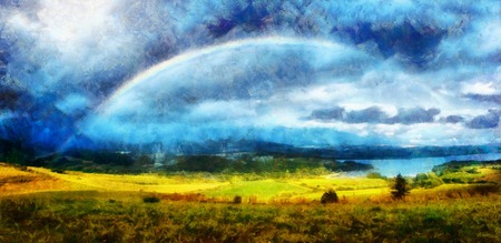 Beautiful landscape, green and yellow meadow and lake with mountain on background with a rainbow in the sky and computer painting effect.の写真素材