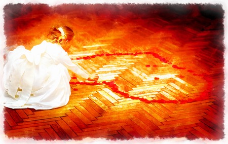 little bridesmaid girl in white dress forming a heart shape out of rose petals. wedding concept and computer painting effect.の写真素材