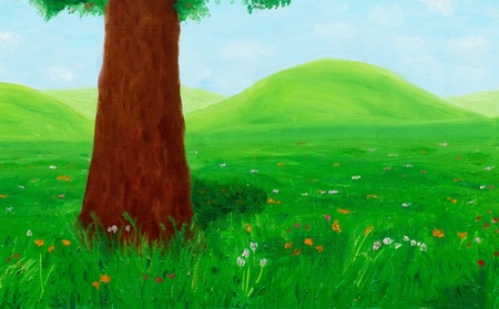 Bright green meadow landscape with wild flowers, graphic effect.の写真素材