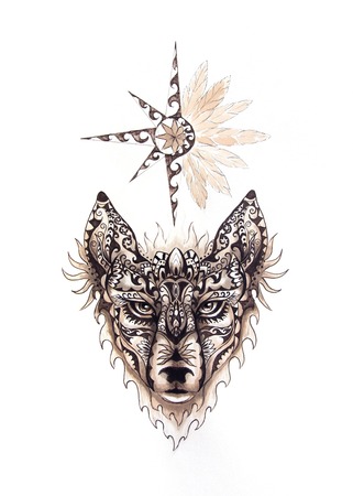 ornamental painting of wolf, sacred animal and ornamental star with feathers.の写真素材