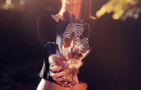 Shaman woman and shamanic feathers on denimの写真素材