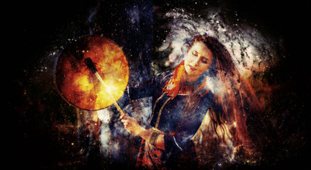 shamanic girl with frame drum on abstract structured space background.
