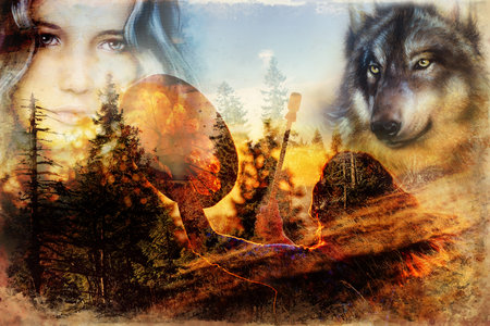 beautiful shamanic girl playing on shaman frame drum in the nature. Computer collage and painting...
