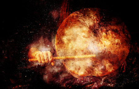 shamanic girl with frame drum on abstract structured space background
