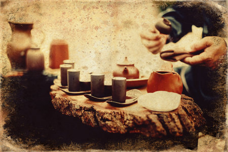 Tea ritual. Old photos effect with border