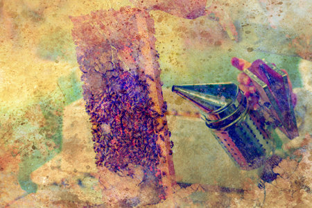 Beekeeper manipulating with honeycomb full of golden honey on painting effect.の写真素材