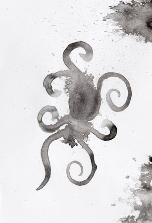 abstract black splashes on white watercolor paper. monochrome image.の写真素材