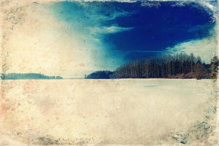 Beautiful landscape, lake with mountain in background, old photo effectの写真素材