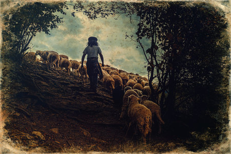 Flock of sheep on beautiful mountain meadow, old photo effect