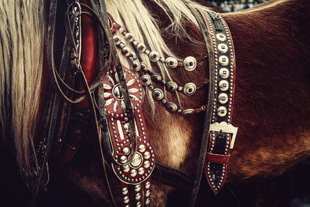 horse with ornate harness in close-up view