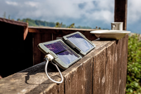 Portable solar panel charges the battery of a powerbank