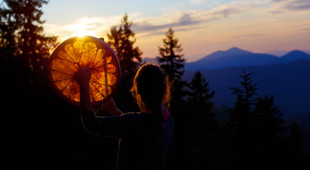 beautiful shamanic girl playing on shaman frame drum in the nature