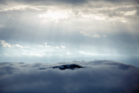 Beautiful morning mountains in fog. Summer mountains
