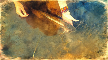 Woman holding pike, and painting effectの写真素材