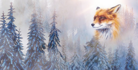 mountain snowy landscape with fox, graphic effect