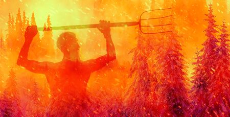 Burning spruce forest and man with guns. ecology conceptの写真素材