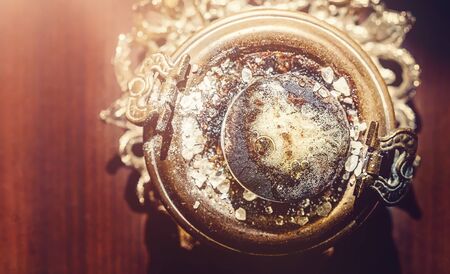 decorated incense with burning carbon and resinsの写真素材