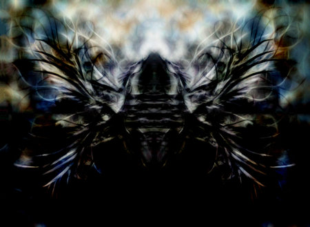 Flying phoenix bird as symbol of rebirth and new beginning and ancient ornament in background.
