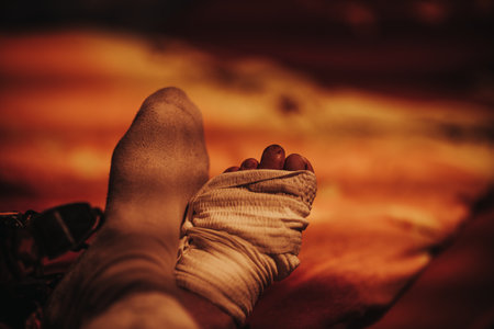 injured leg in bandage. Orange background.の写真素材