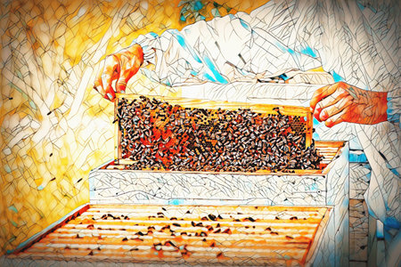 Beekeeper manipulating with honeycomb full of golden honey.