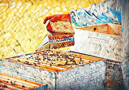 Beekeeper manipulating with honeycomb full of golden honey.の写真素材
