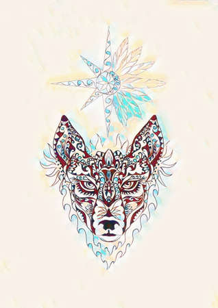 ornamental painting of wolf, sacred animal and ornamental star with feathers.の写真素材