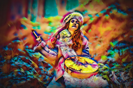 beautiful shamanic girl playing on shaman frame drum and mosaic structureの写真素材