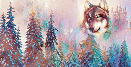 mountain snowy landscape with wolf, graphic effect.