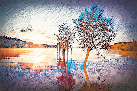 beautiful lake view in morning fog with mystic mountains and trees as leftovers of a mole in purple - blue tones.の写真素材