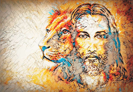 painting of Jesus with a lion, on beautiful colorful background with hint of space feeling, lion profile portrait.の写真素材