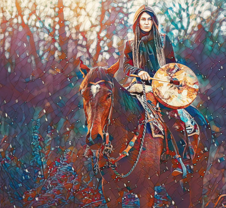 young dreadded girl with her horse and shamanic frame drum.