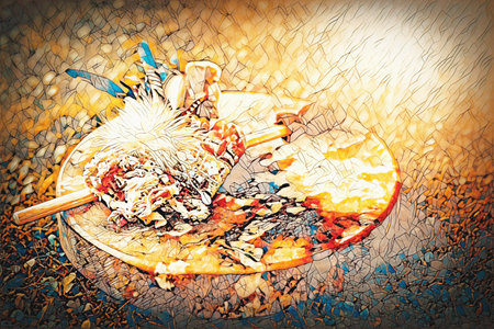 shamanic drum and shamanic feathers on denim.の写真素材