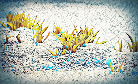 green sprout on the strong sun with ice and snow. symbol of spring.