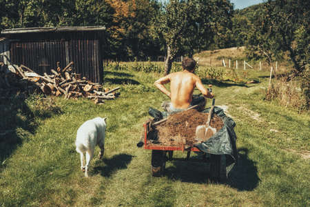man on a small tractor, farmer at work.の写真素材