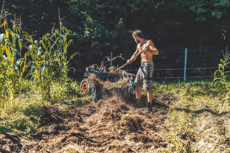 man on a small tractor, farmer at work.の写真素材