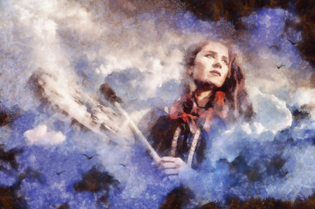 shamanic girl with frame drum in cloud.の写真素材