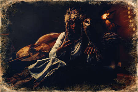 beautiful shamanic woman with owl in the interiors.の写真素材