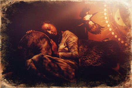 beautiful shamanic woman in the interiors.の写真素材