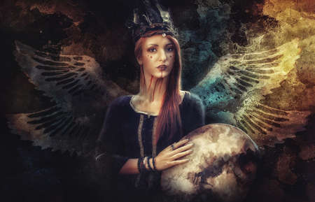 beautiful shamanic girl playing on shaman frame drum.の写真素材