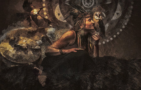 beautiful shamanic woman in the interiors. Painting effect.