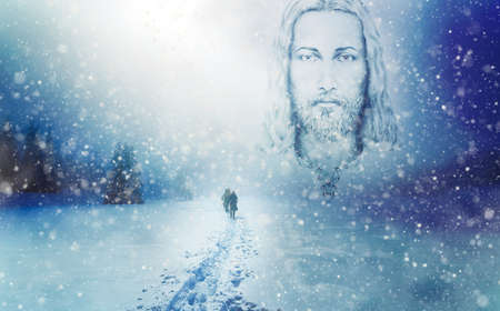 People alone in Winter blizard. Beautiful mountain snowy landscape.の写真素材