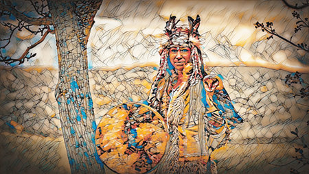 beautiful shamanic girl playing on shaman frame drum in the nature.