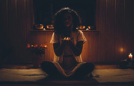 beautiful meditating woman with candles in her hand.の写真素材