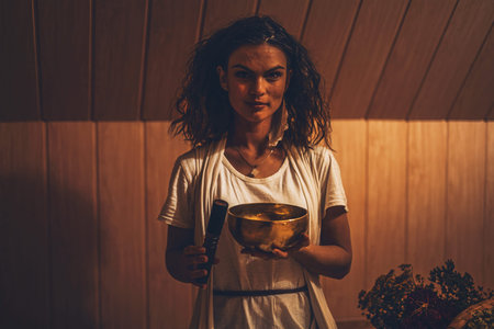 Spiritual girl immersed in meditative sounds of tibetian bowl.