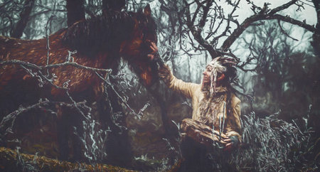 Shaman woman in winter landscape with her horse. Painting effect.の写真素材