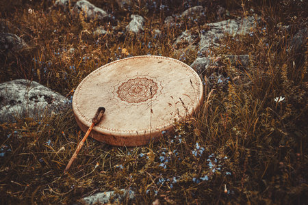 shamanic drum in nature, shamanic drum made of deer goat.