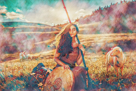 beautiful shamanic girl playing on shaman frame drum in the nature and mosaic structureの写真素材