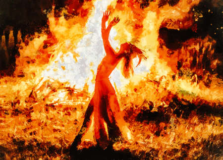 beautiful shamanic woman dancing by the fire. Painting effect.の写真素材