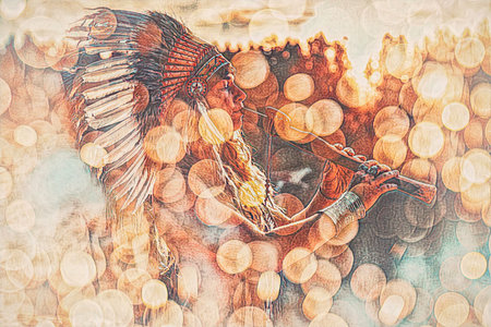 beautiful shamanic girl playing on shaman flute in the nature. Painting effect.